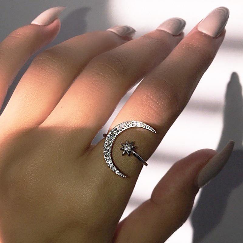 Women's Moon Star Crystal Silver Ring - Vianchi Natural Glam